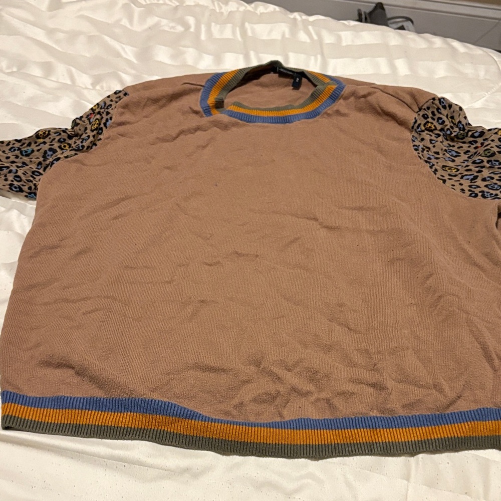 Anthropologie Brown Crew Neck Sweater with Leopard Print Sleeves